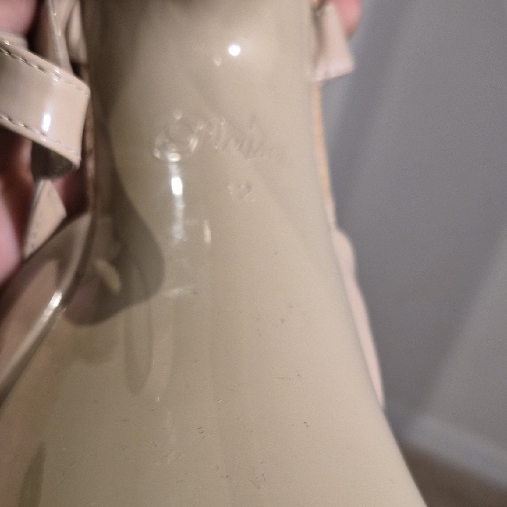 Pleaser Beige Patent Platform Sandals with Ankle Strap - Picture 6 of 11